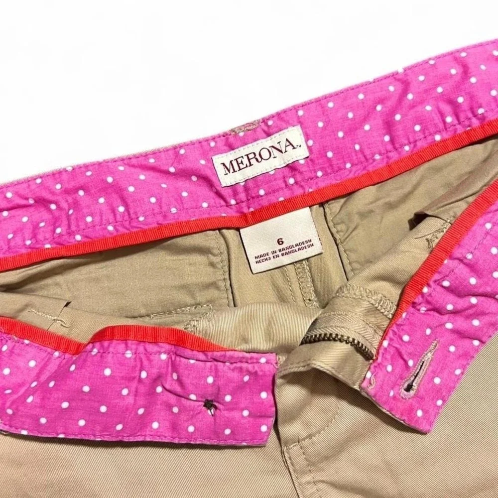 Y2K Tan Mini Shorts Low Rise Size 6 Pink Polka Dot Waist Preppy 2000s - Picture 6 of 6